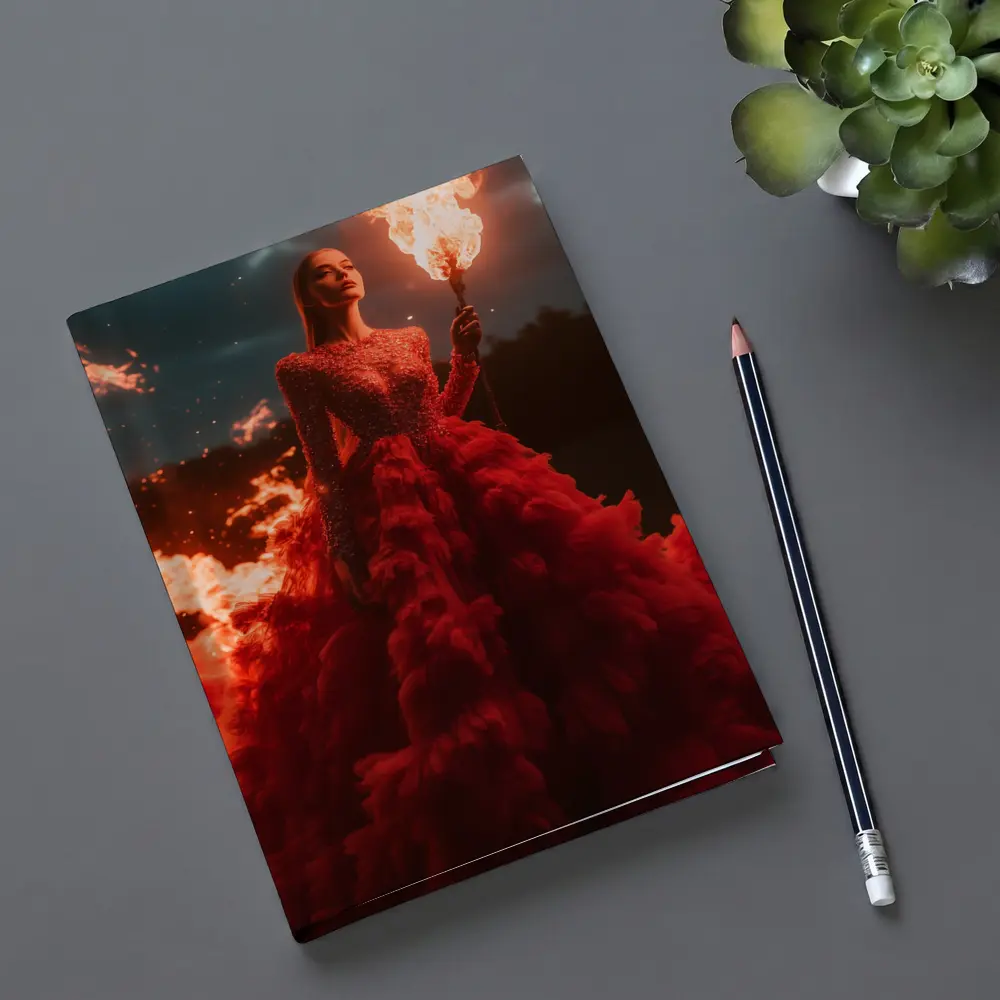 Woman Red Gown Holding Fire Torch – Notebooks