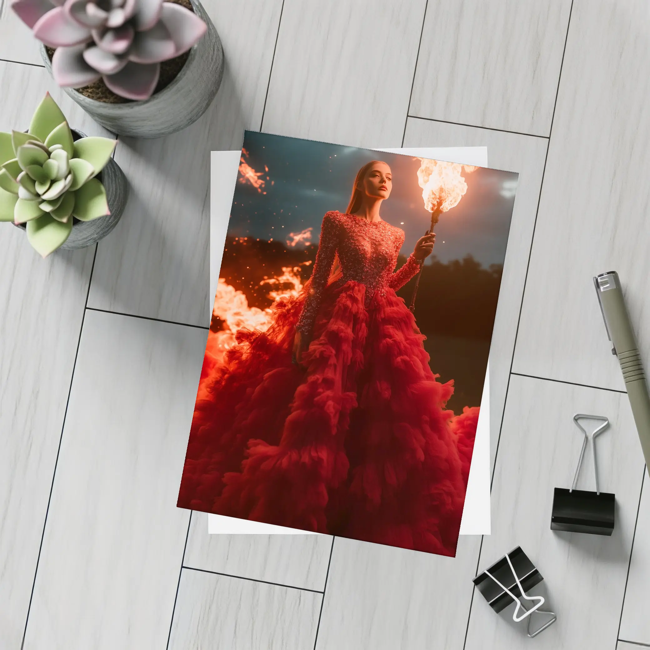 Woman Red Gown Holding Fire Torch – Postcards