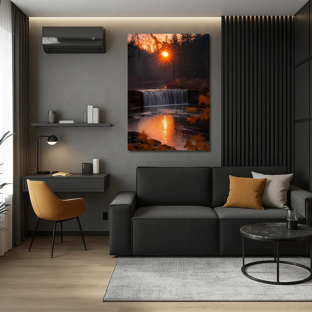 Waterfall Sunset Glow Autumn Forest Reflection – Wall Art
