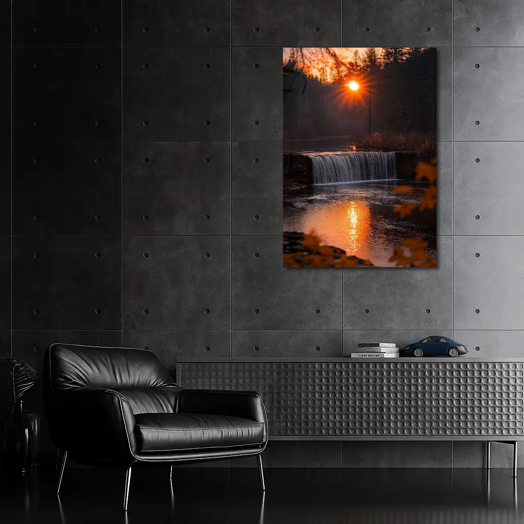 Waterfall Sunset Glow Autumn Forest Reflection – Wall Art