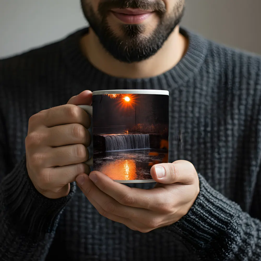 Waterfall Sunset Glow Autumn Forest Reflection – Mugs