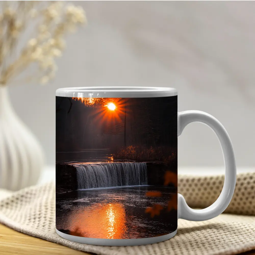 Waterfall Sunset Glow Autumn Forest Reflection – Mugs