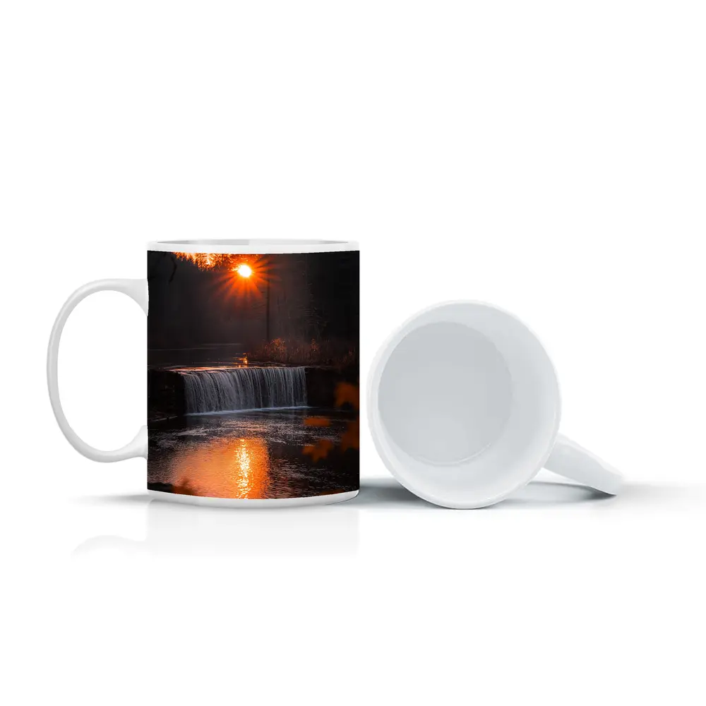 Waterfall Sunset Glow Autumn Forest Reflection – Mugs