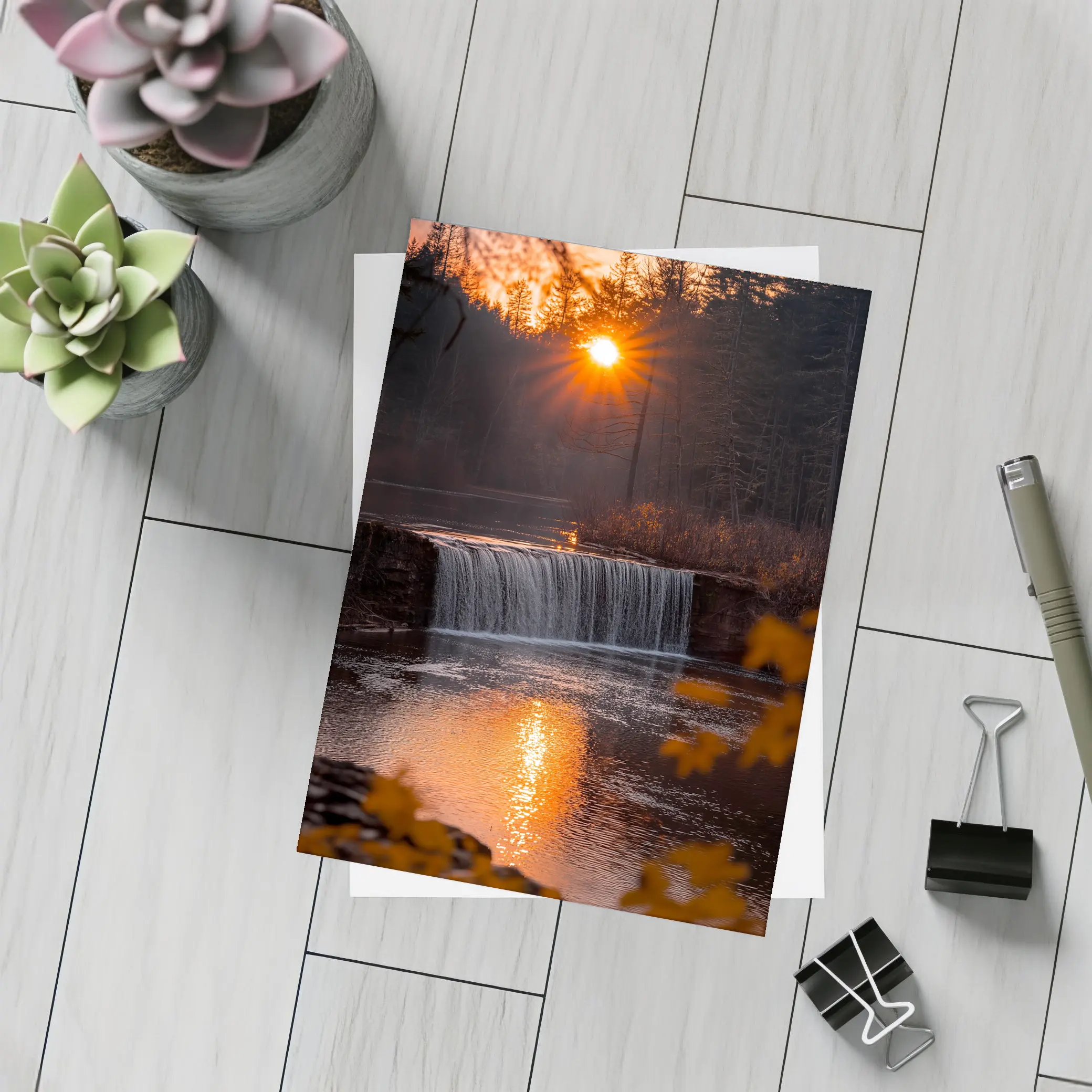 Waterfall Sunset Glow Autumn Forest Reflection – Postcards