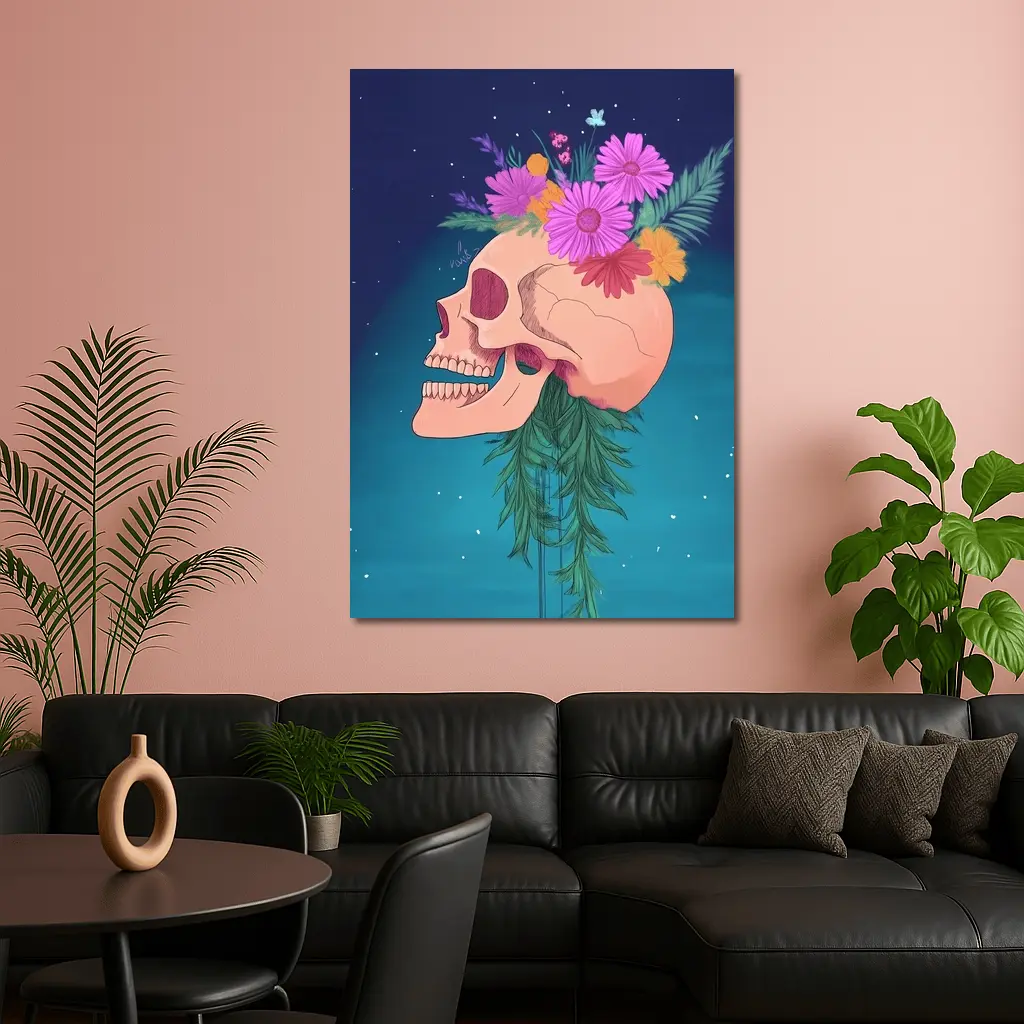 Floral Skull With Pink Flowers Teal Background – Wall Art