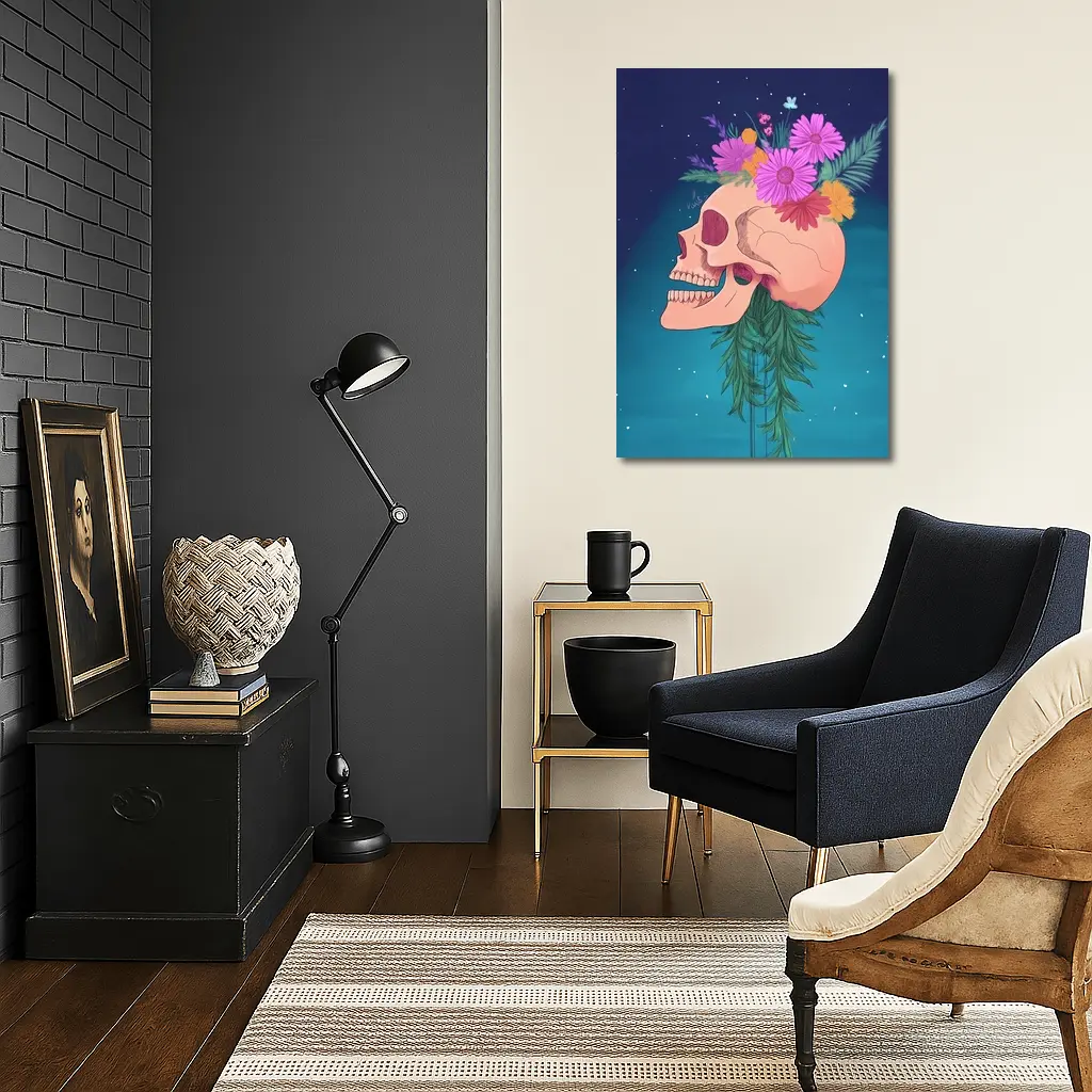 Floral Skull With Pink Flowers Teal Background – Wall Art