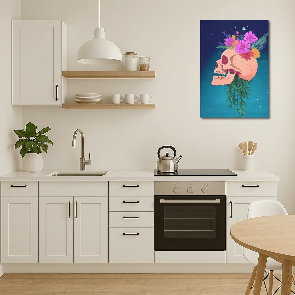Floral Skull With Pink Flowers Teal Background – Wall Art