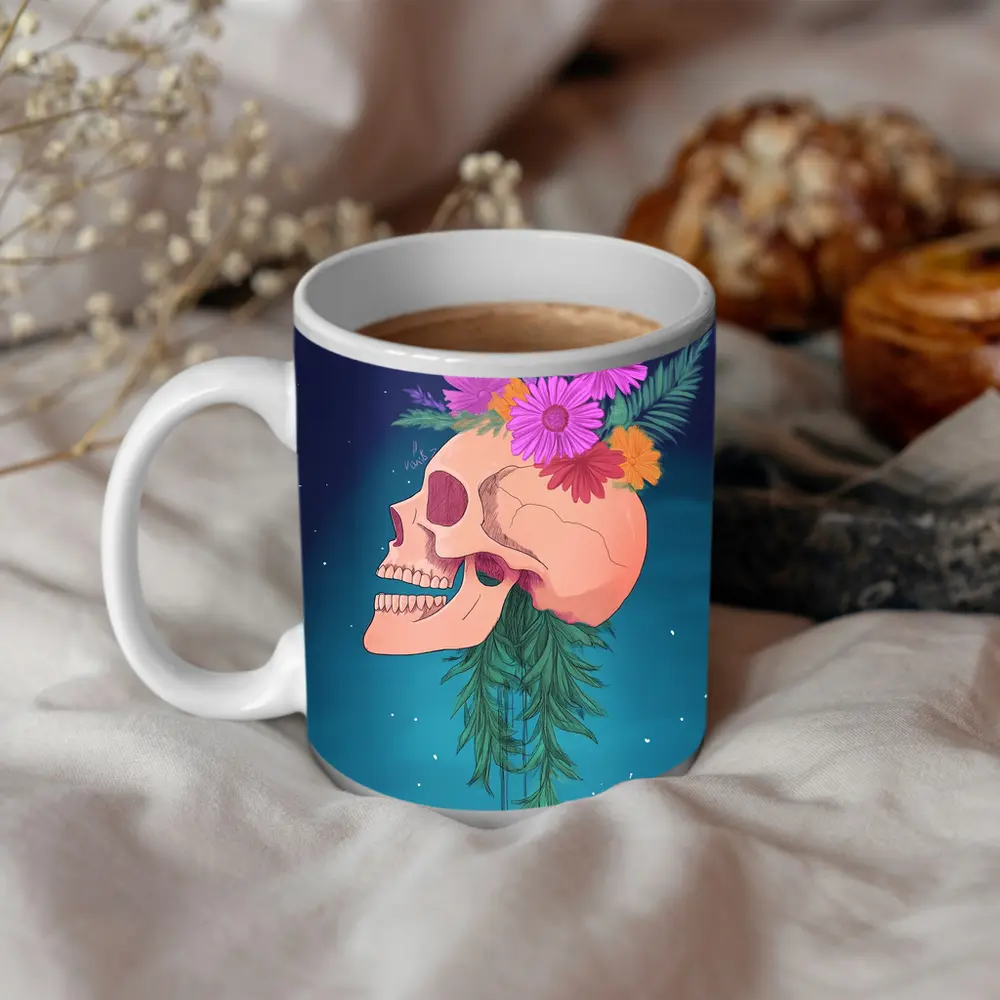 Floral Skull With Pink Flowers Teal Background – Mugs