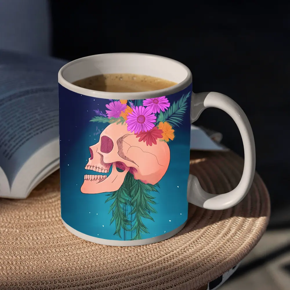 Floral Skull With Pink Flowers Teal Background – Mugs