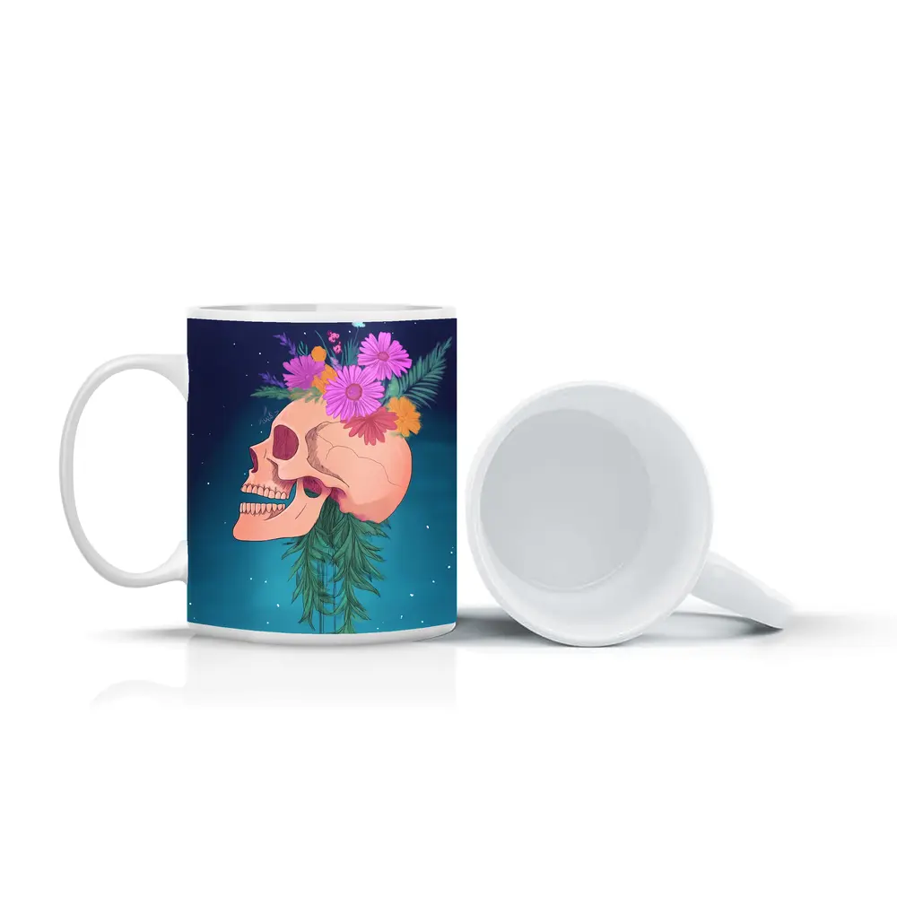 Floral Skull With Pink Flowers Teal Background – Mugs