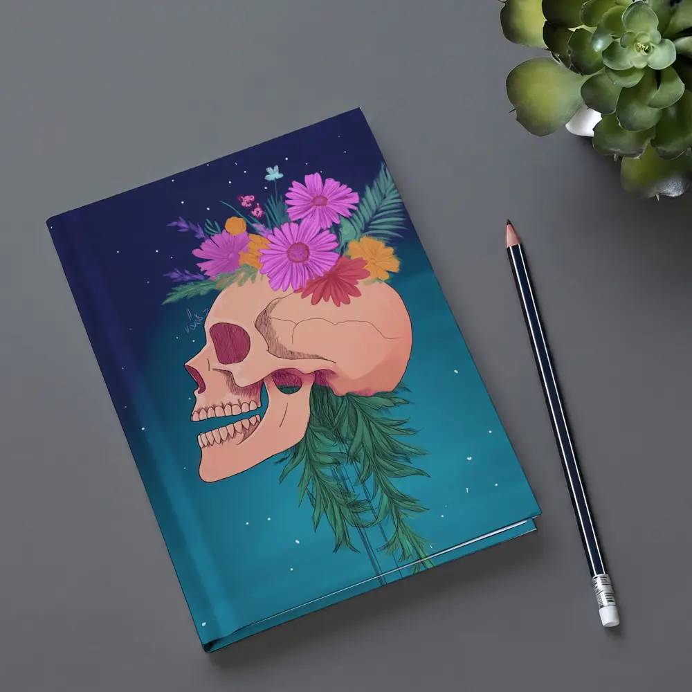 Floral Skull With Pink Flowers Teal Background – Notebooks