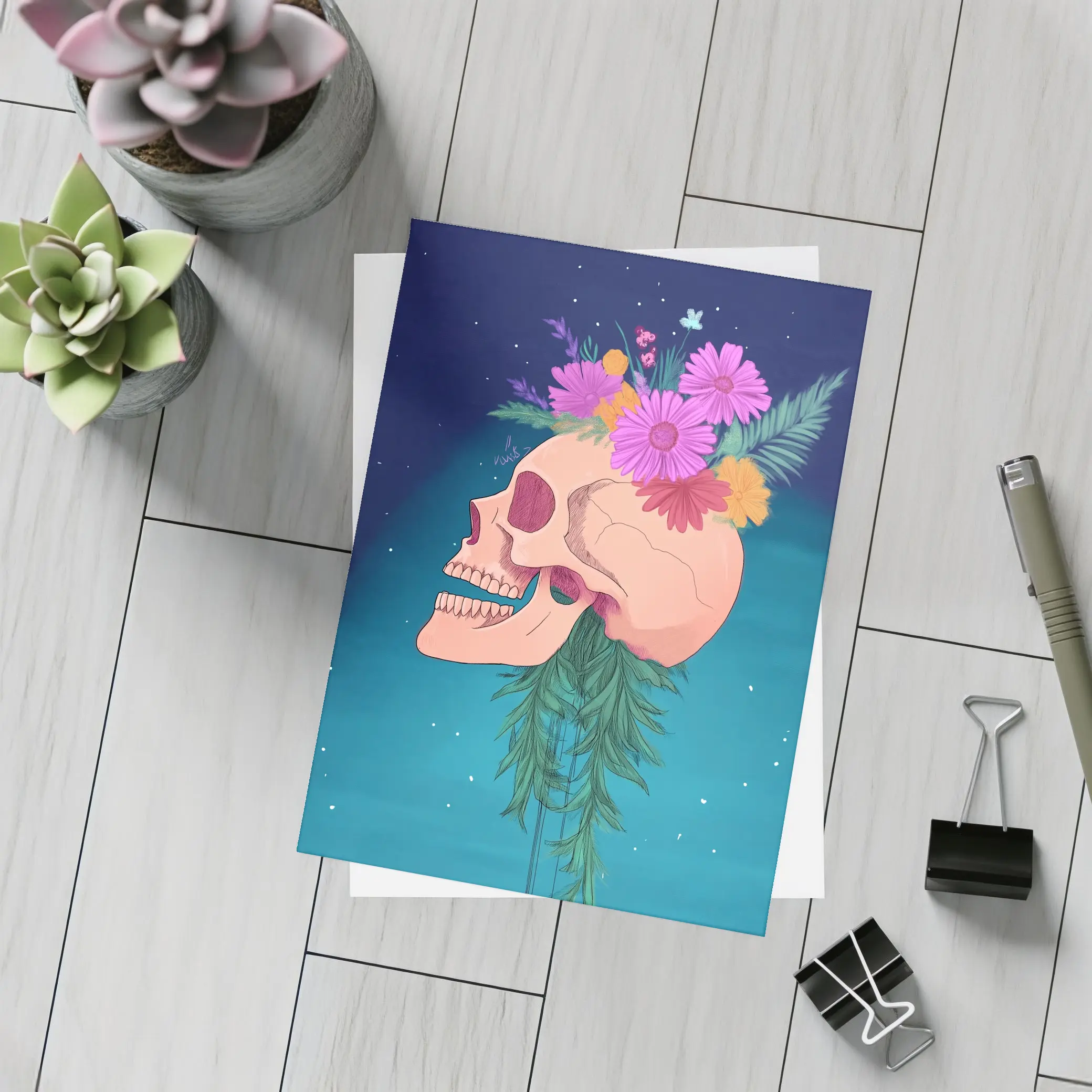 Floral Skull With Pink Flowers Teal Background – Postcards