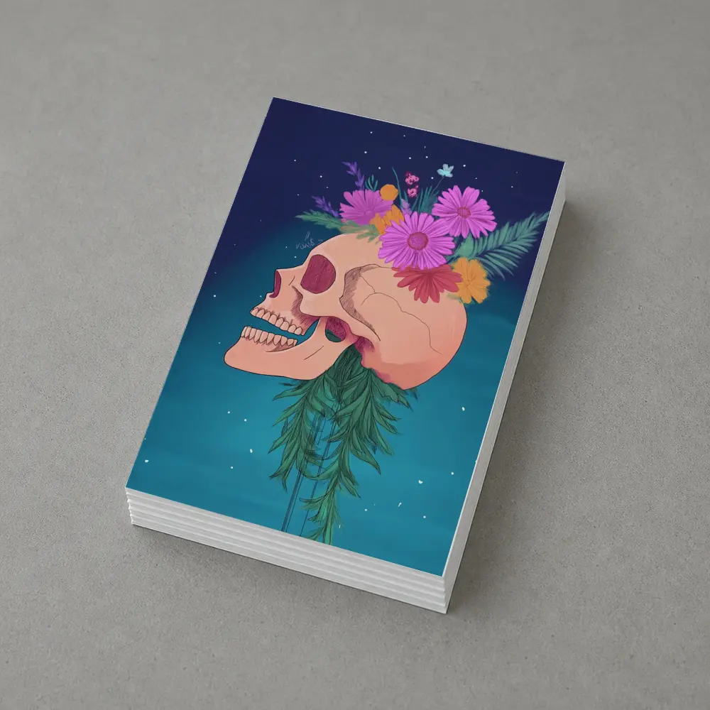 Floral Skull With Pink Flowers Teal Background – Postcards