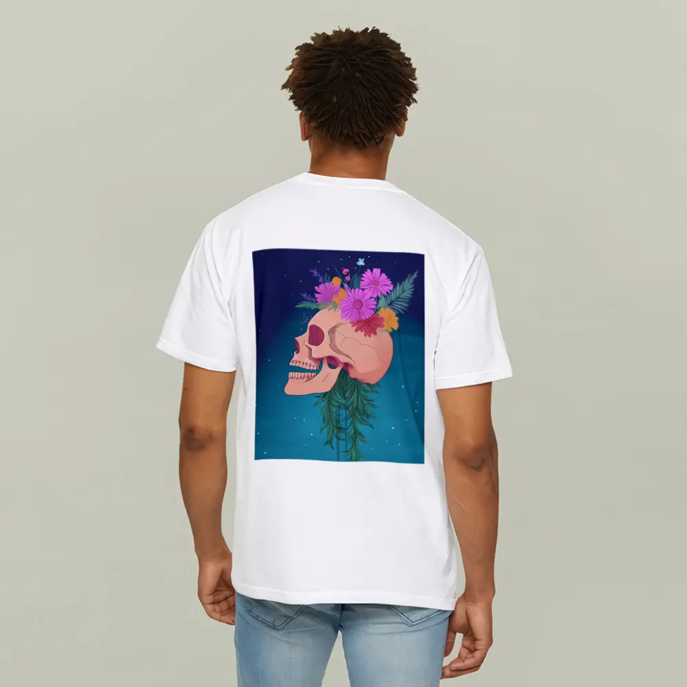 Floral Skull With Pink Flowers Teal Background – T-Shirts