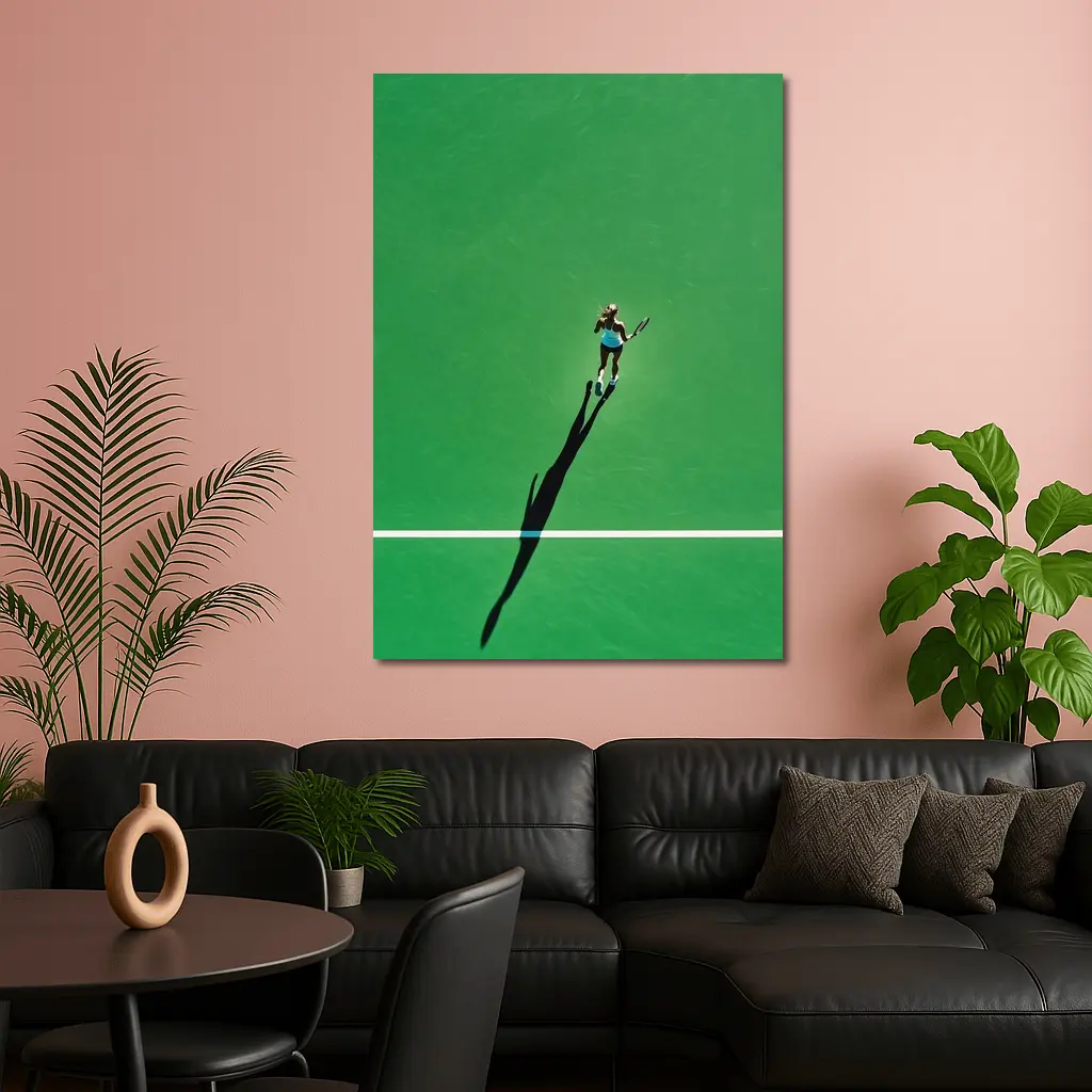 Tennis Player Aerial View Green Court – Wall Art