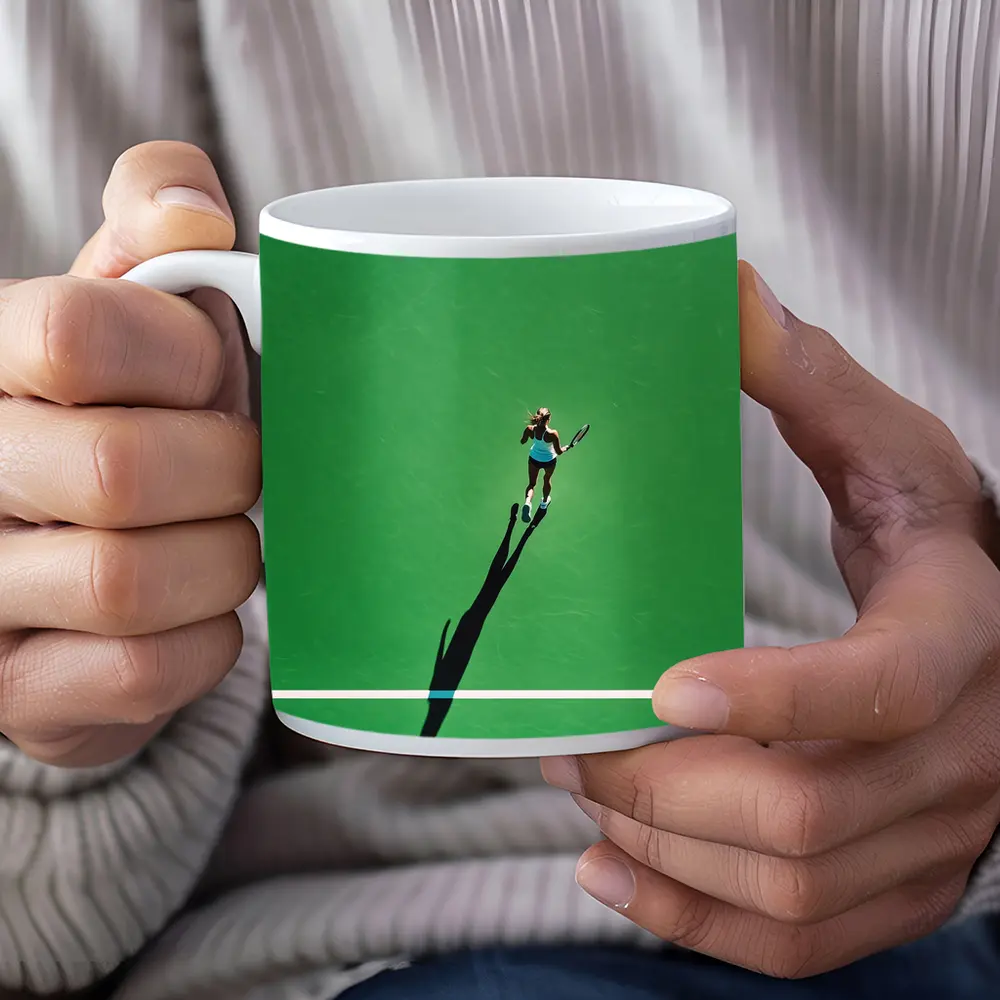 Tennis Player Aerial View Green Court – Mugs