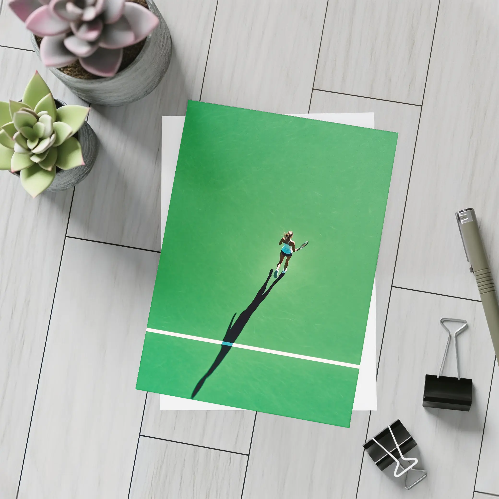 Tennis Player Aerial View Green Court – Postcards