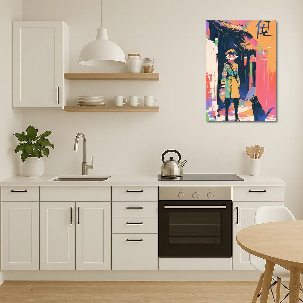 Anime Girl Black Cat Colorful Street Scene – Wall Art
