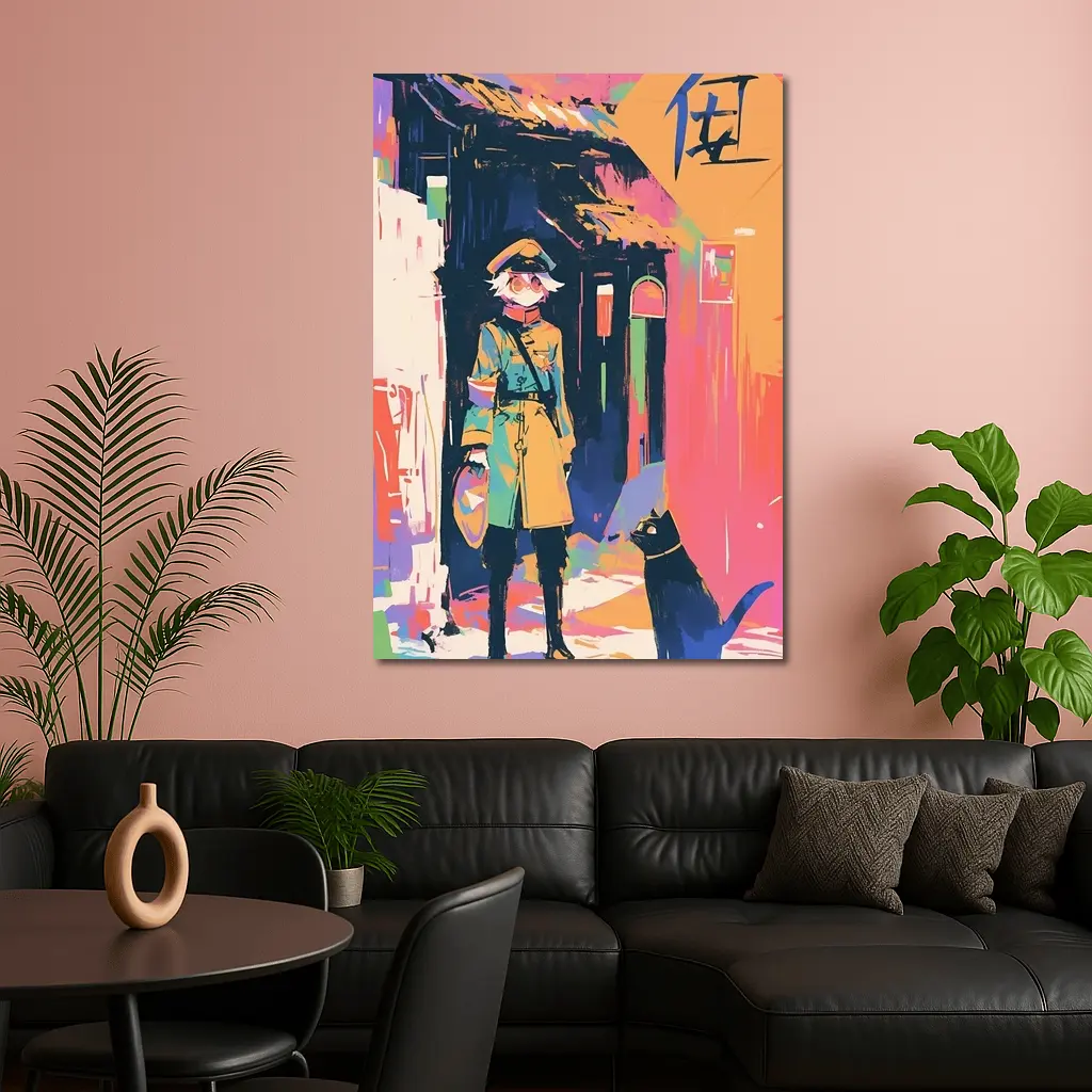 Anime Girl Black Cat Colorful Street Scene – Wall Art