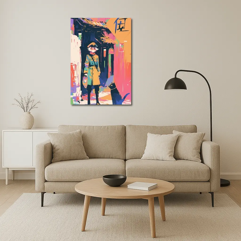 Anime Girl Black Cat Colorful Street Scene – Wall Art