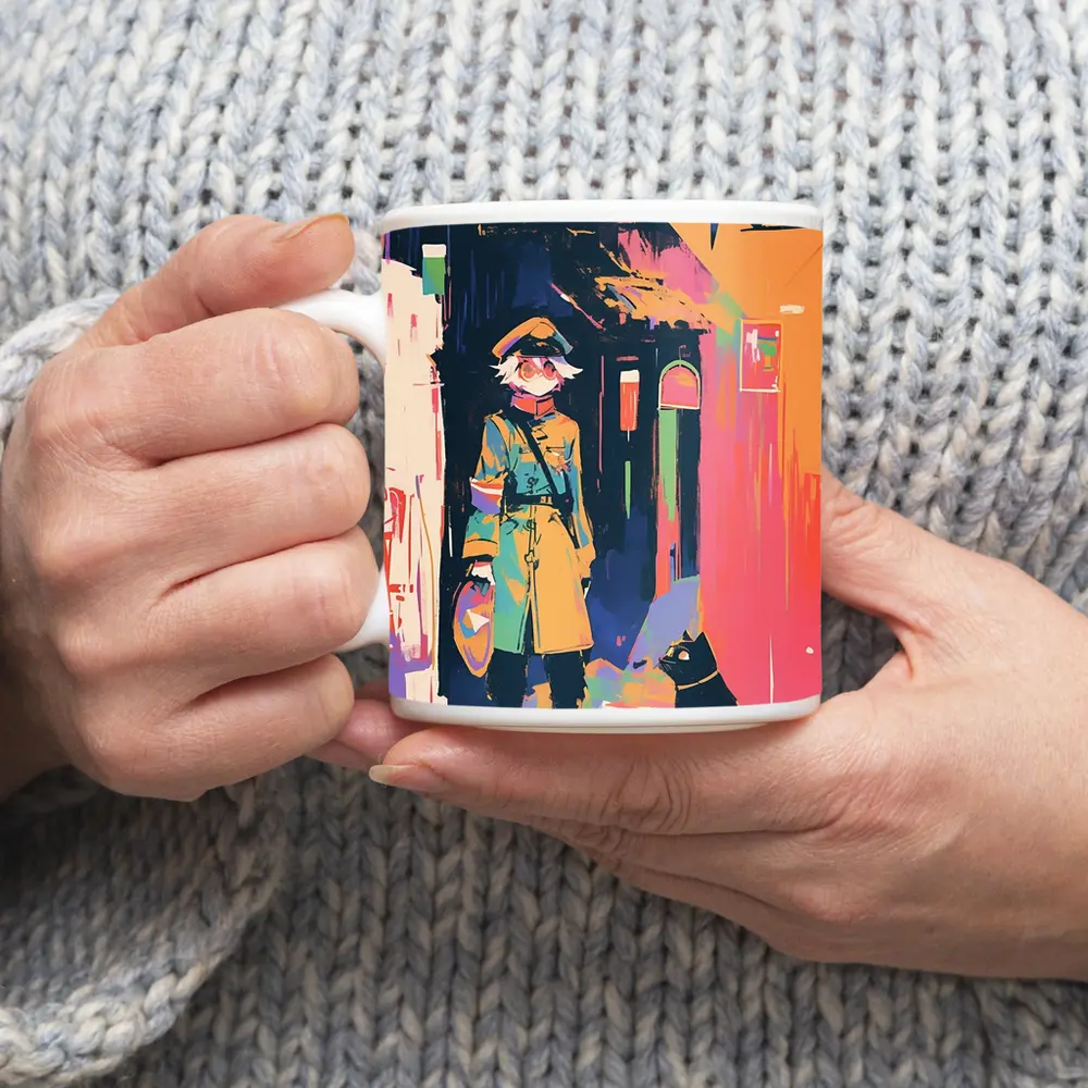 Anime Girl Black Cat Colorful Street Scene – Mugs