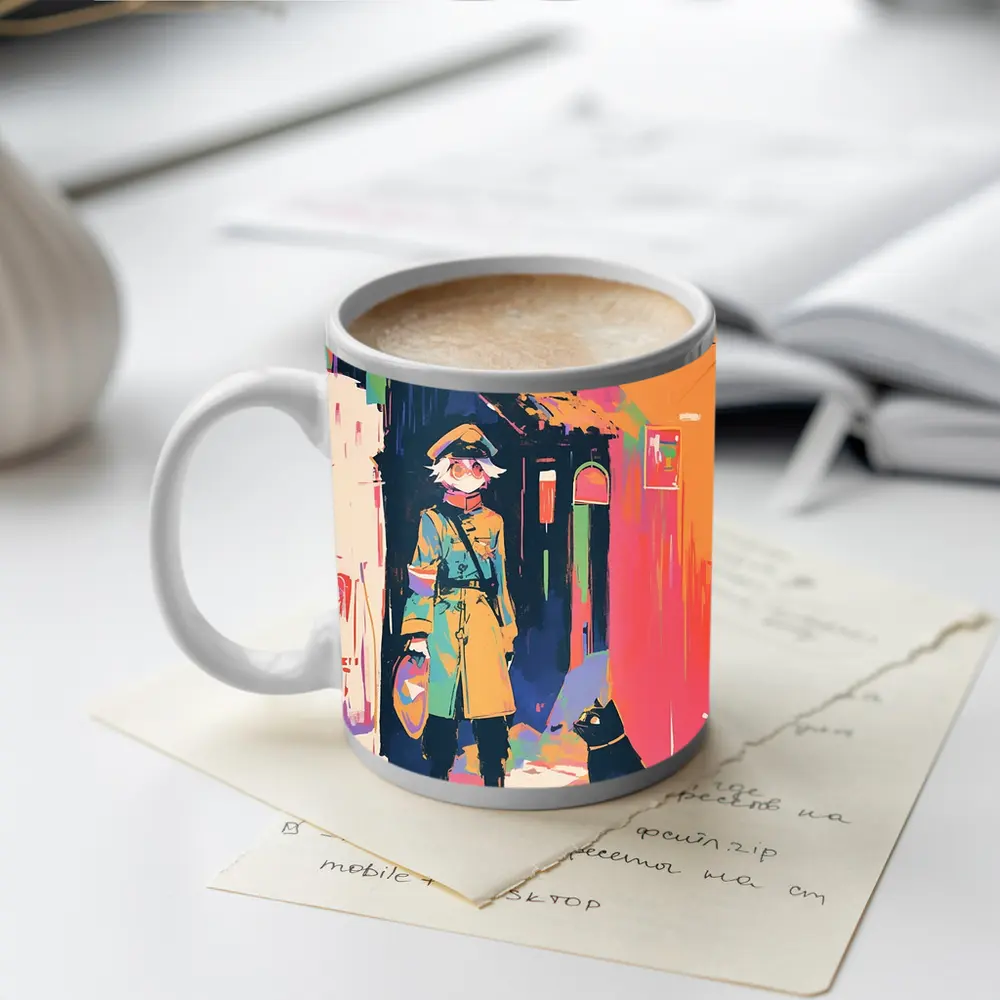 Anime Girl Black Cat Colorful Street Scene – Mugs