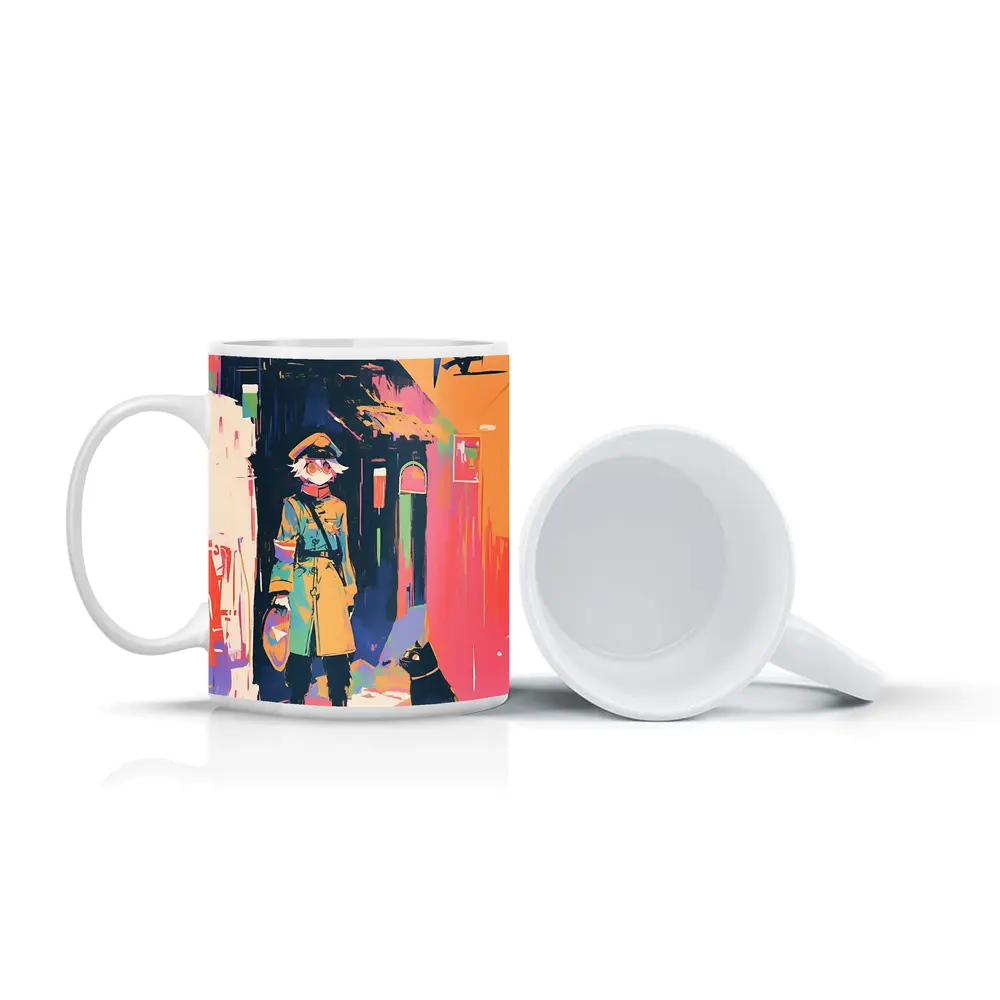 Anime Girl Black Cat Colorful Street Scene – Mugs