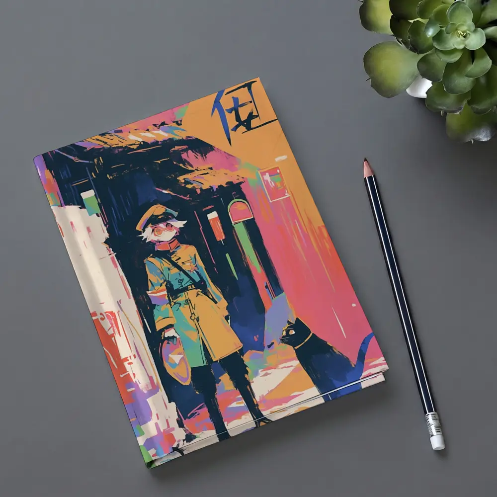 Anime Girl Black Cat Colorful Street Scene – Notebooks
