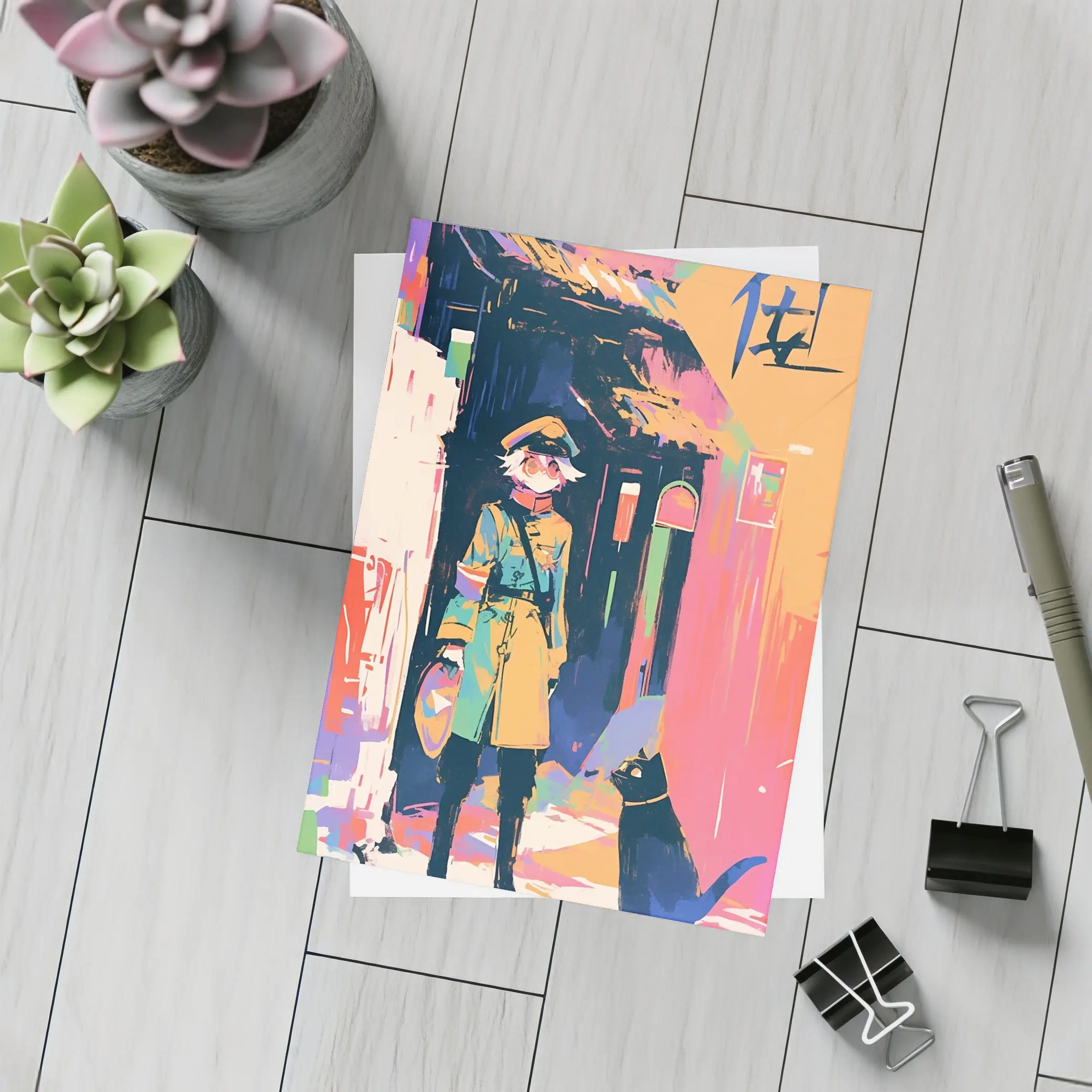 Anime Girl Black Cat Colorful Street Scene – Postcards
