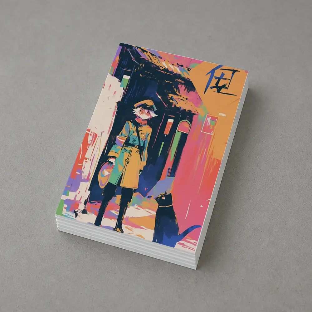Anime Girl Black Cat Colorful Street Scene – Postcards
