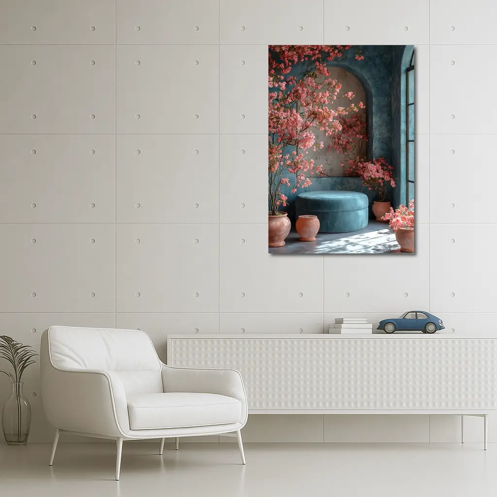 Pink Blossoms Teal Room Cozy Interior – Wall Art