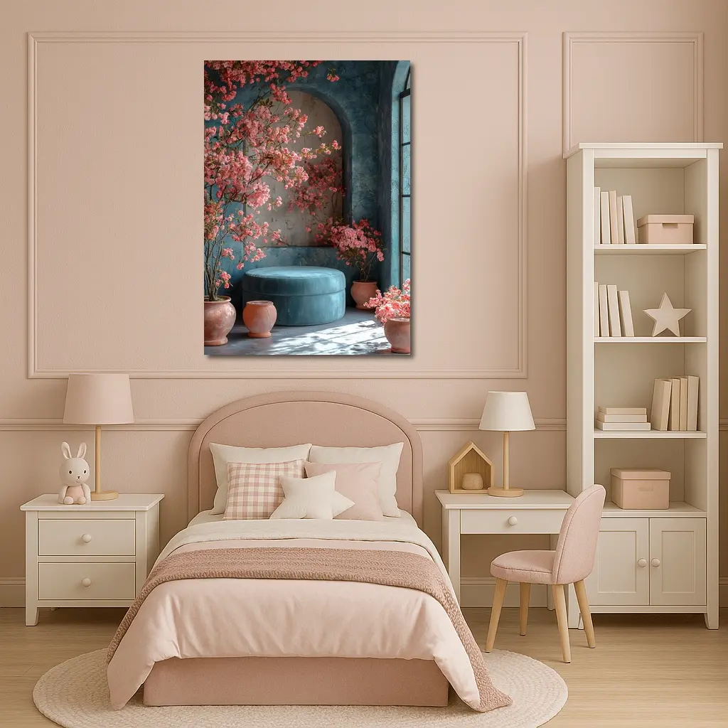 Pink Blossoms Teal Room Cozy Interior – Wall Art