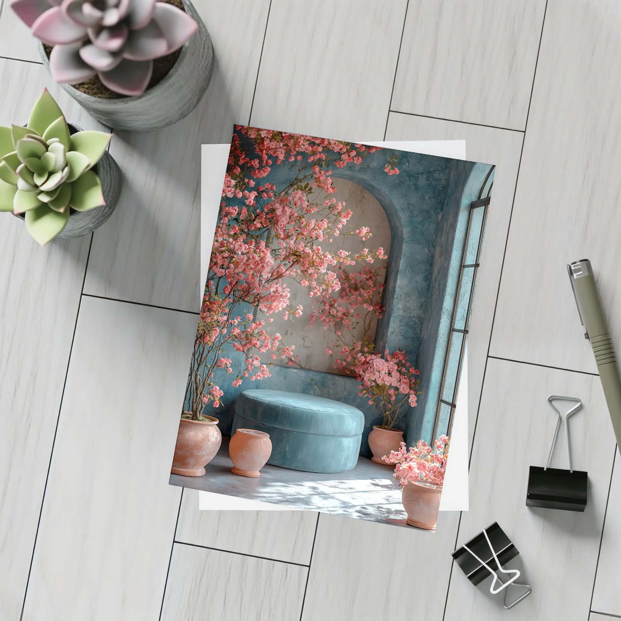 Pink Blossoms Teal Room Cozy Interior – Postcards