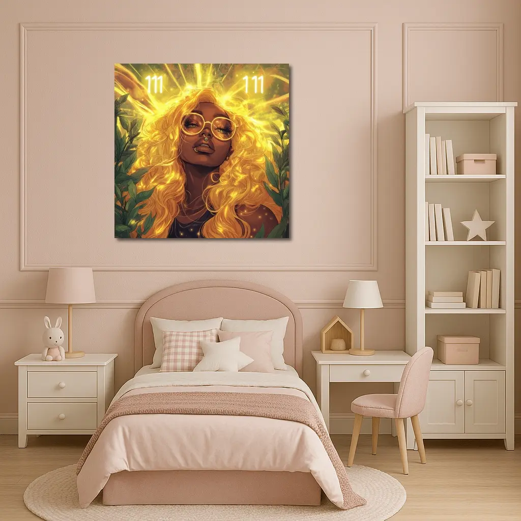 Golden Light Woman Anime Art Green Leaves – Wall Art