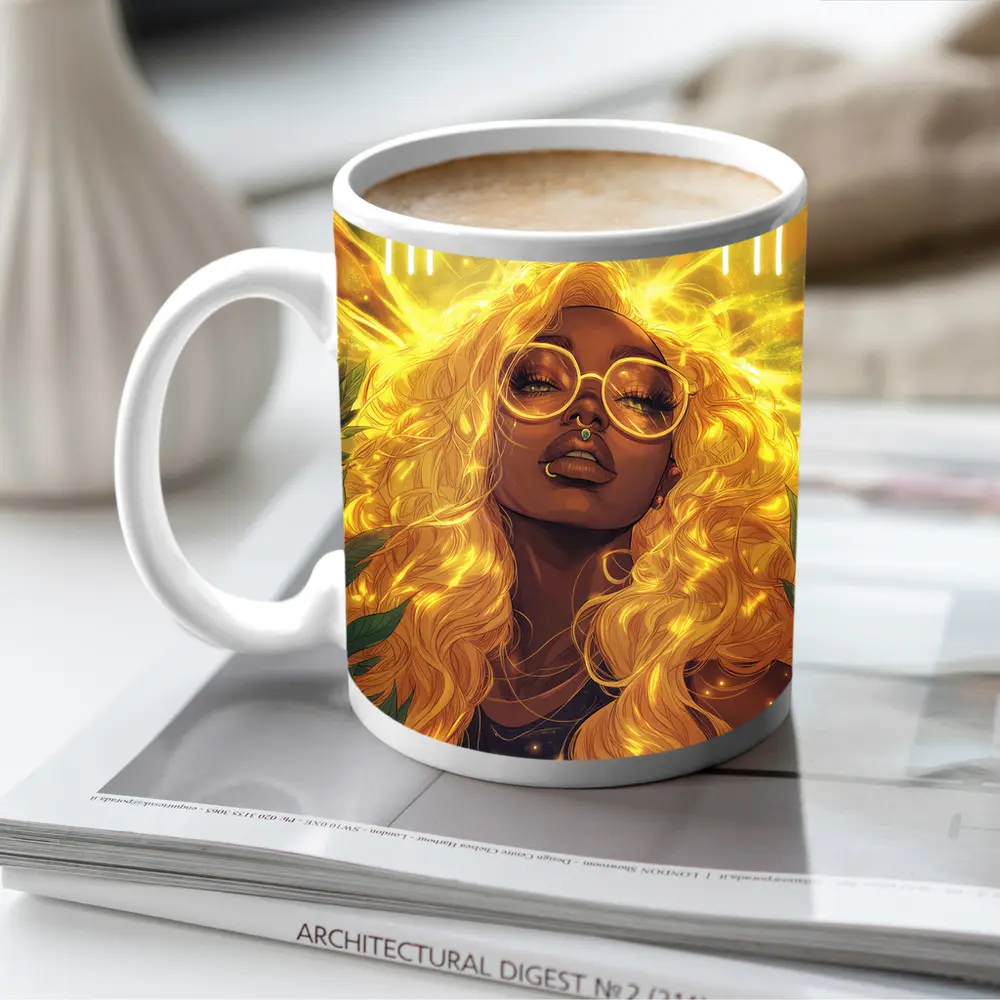 Golden Light Woman Anime Art Green Leaves – Mugs