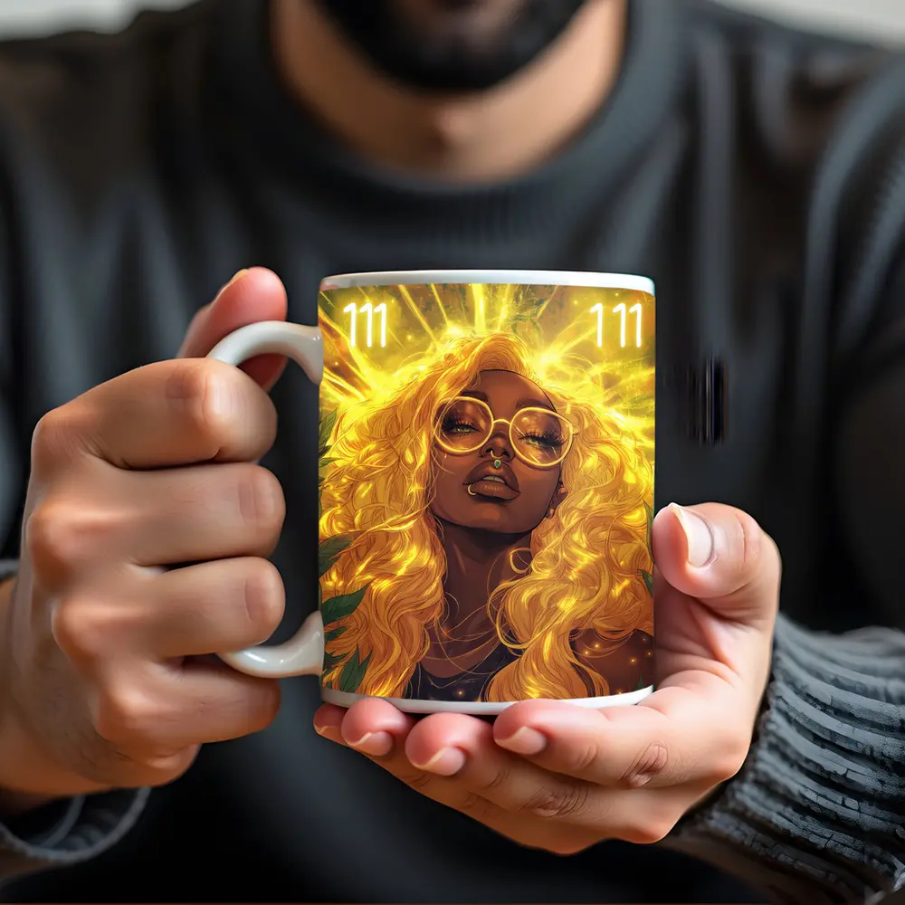 Golden Light Woman Anime Art Green Leaves – Mugs
