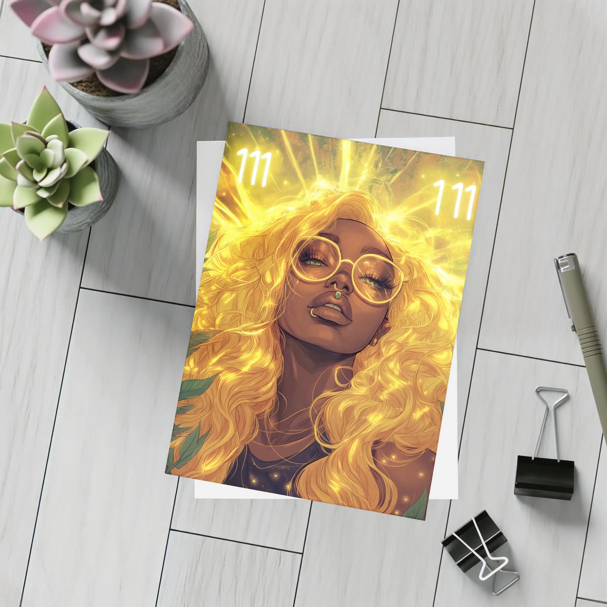 Golden Light Woman Anime Art Green Leaves – Postcards