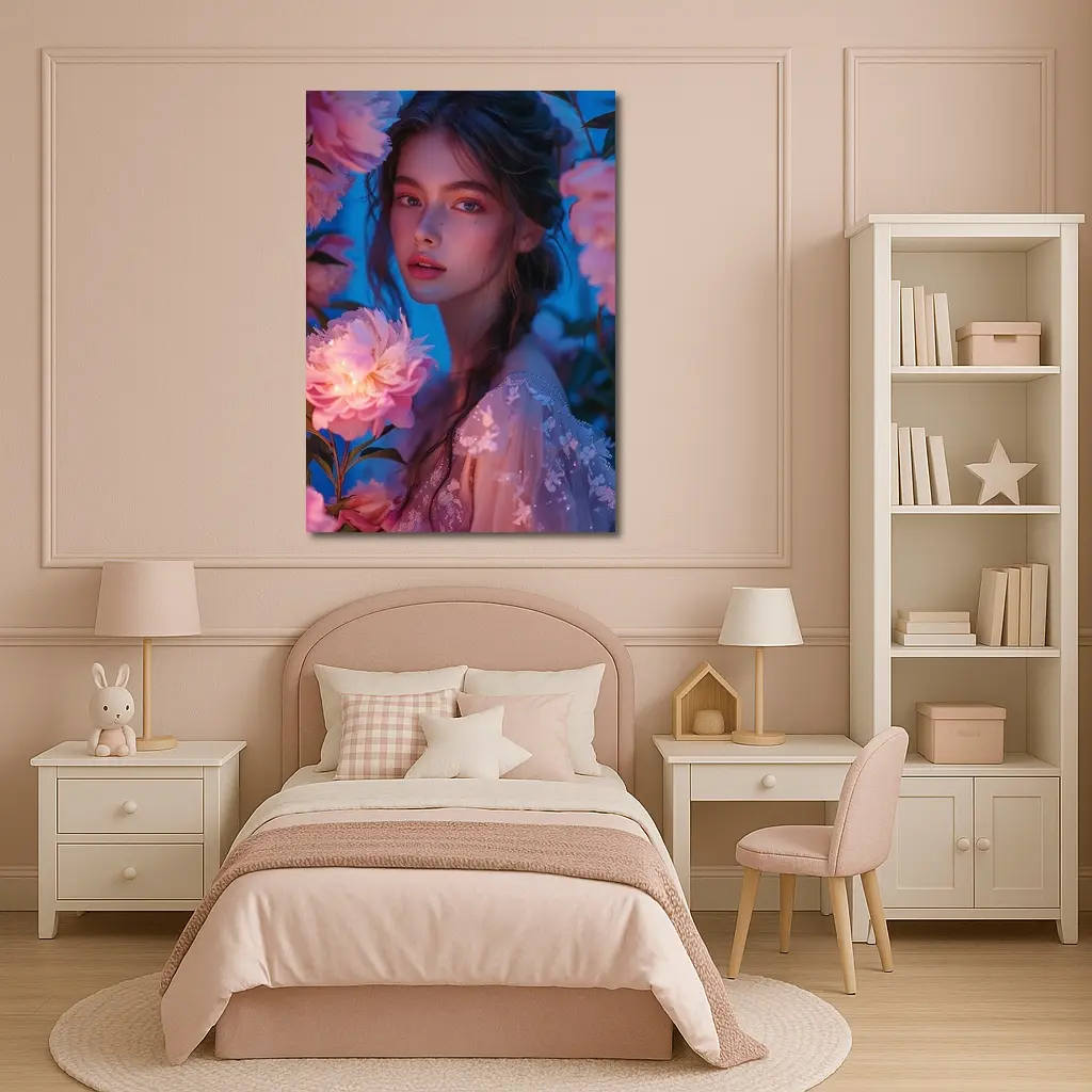 Young Woman Among Glowing Pink Peonies Blue – Wall Art