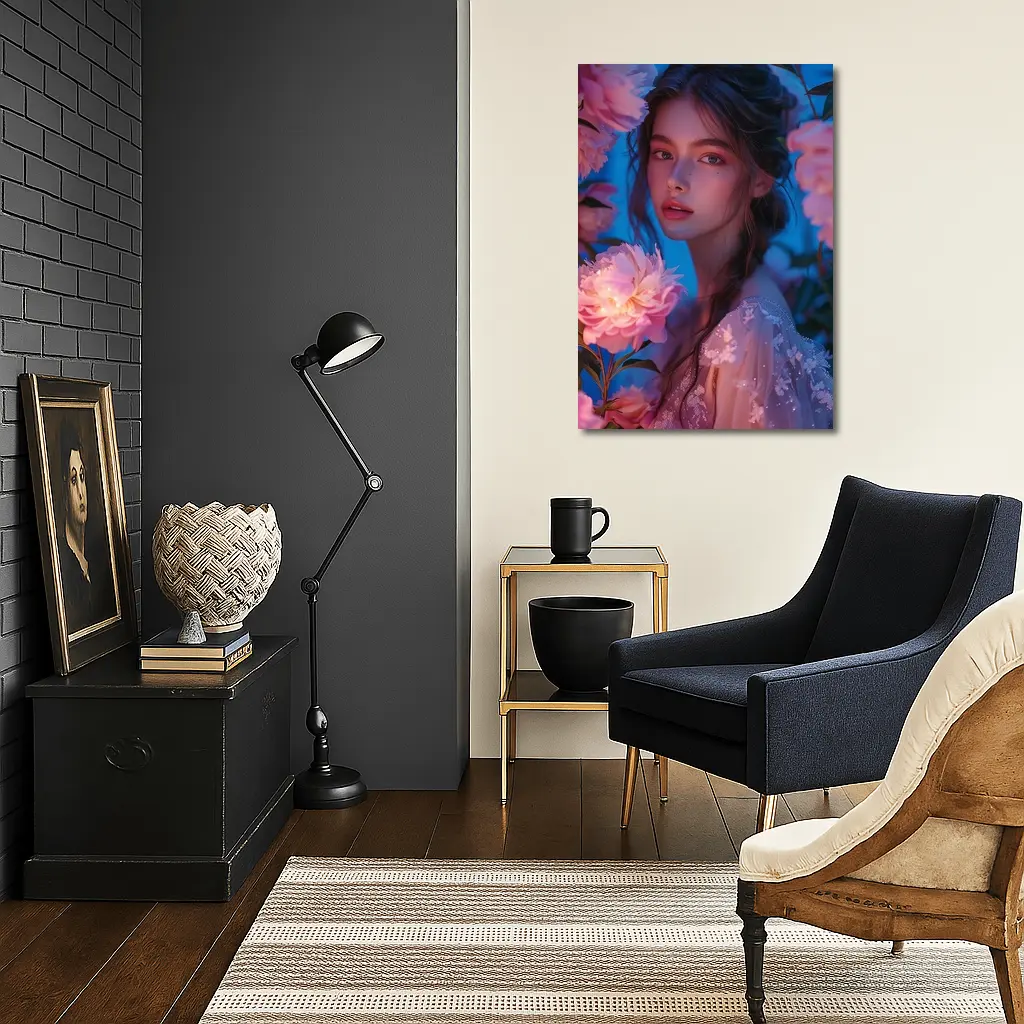 Young Woman Among Glowing Pink Peonies Blue – Wall Art