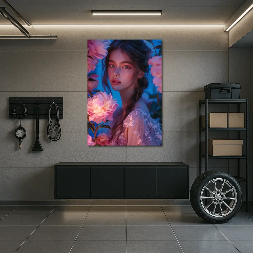 Young Woman Among Glowing Pink Peonies Blue – Wall Art