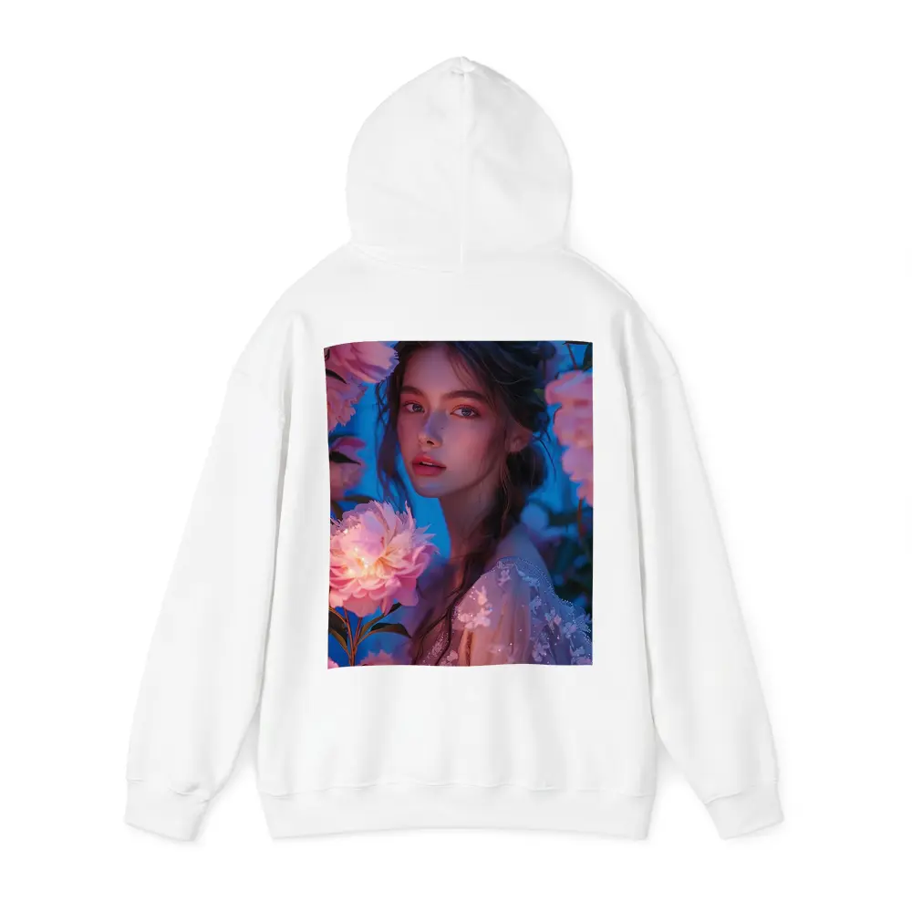 Young Woman Among Glowing Pink Peonies Blue – Hoodies