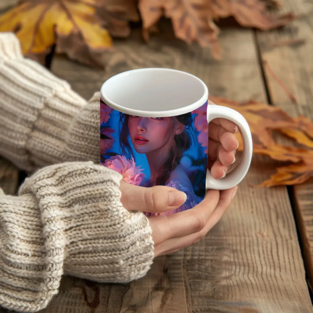 Young Woman Among Glowing Pink Peonies Blue – Mugs