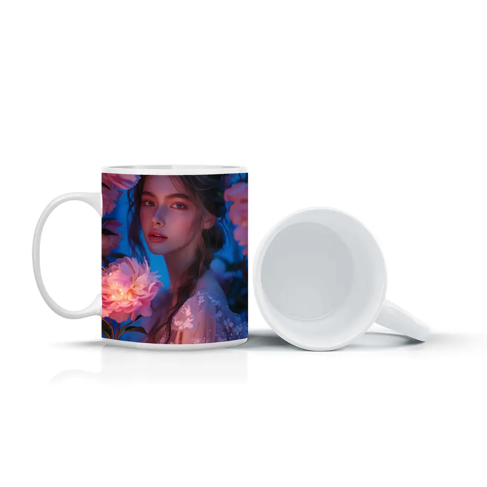 Young Woman Among Glowing Pink Peonies Blue – Mugs