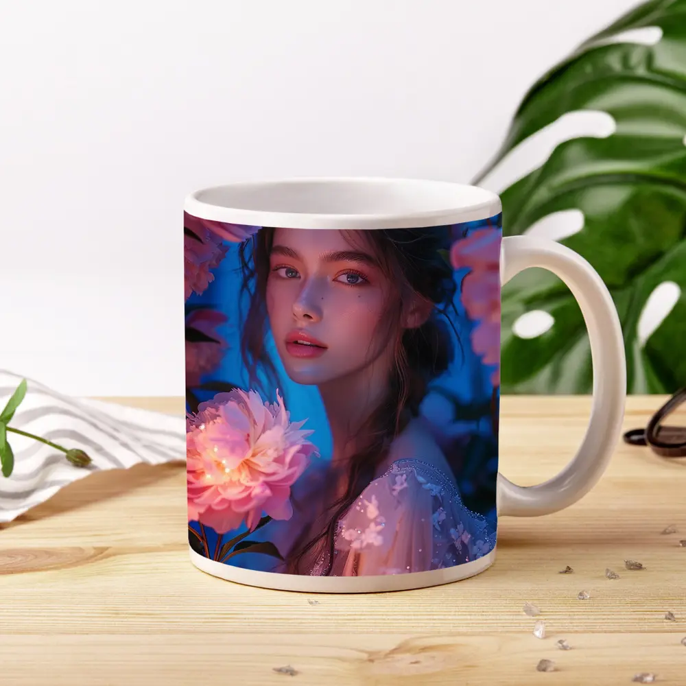 Young Woman Among Glowing Pink Peonies Blue – Mugs