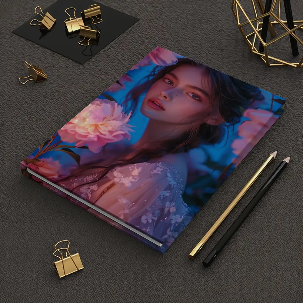 Young Woman Among Glowing Pink Peonies Blue – Notebooks