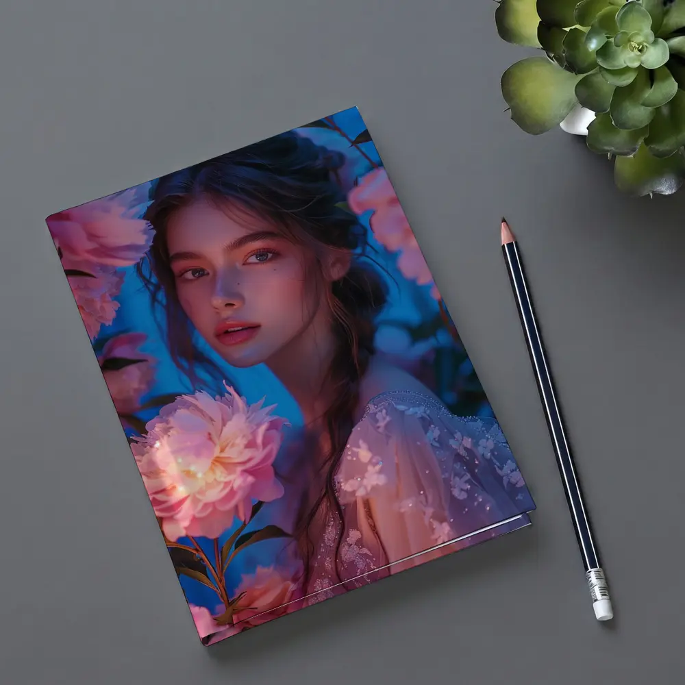 Young Woman Among Glowing Pink Peonies Blue – Notebooks