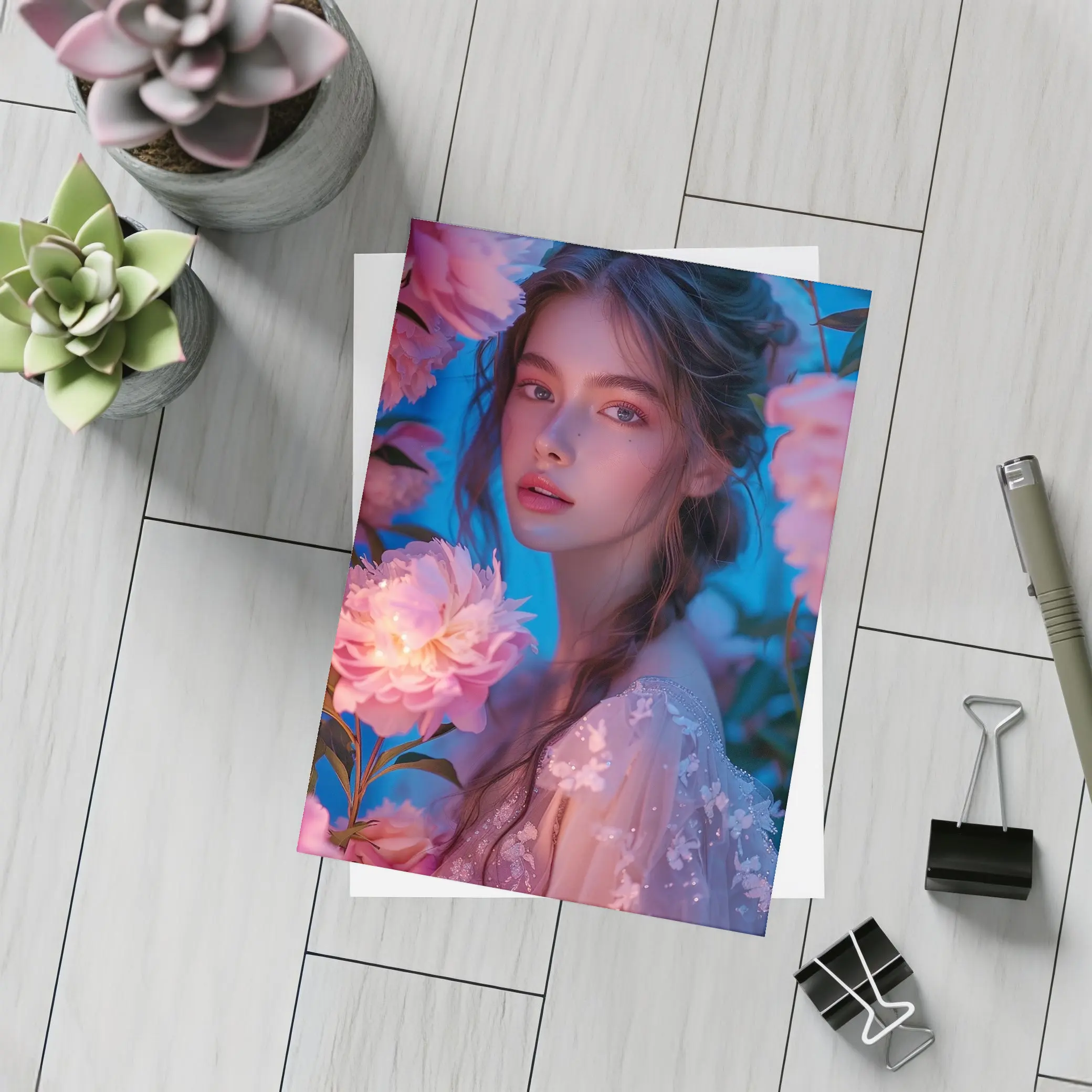 Young Woman Among Glowing Pink Peonies Blue – Postcards