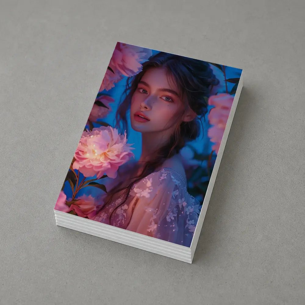 Young Woman Among Glowing Pink Peonies Blue – Postcards