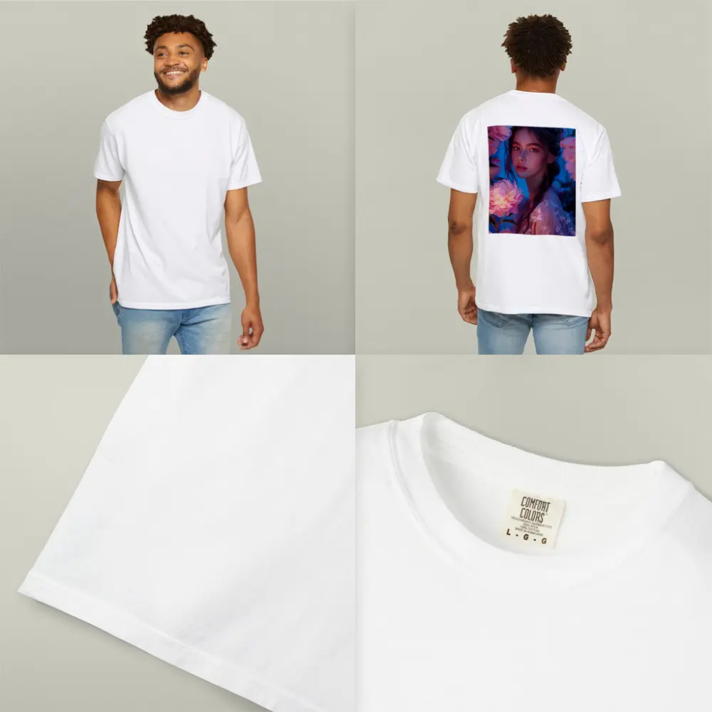 Young Woman Among Glowing Pink Peonies Blue – T-Shirts