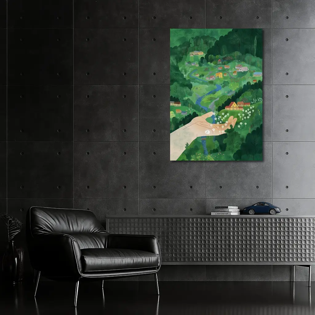 Hand Holding Dandelions Over Green Village – Wall Art